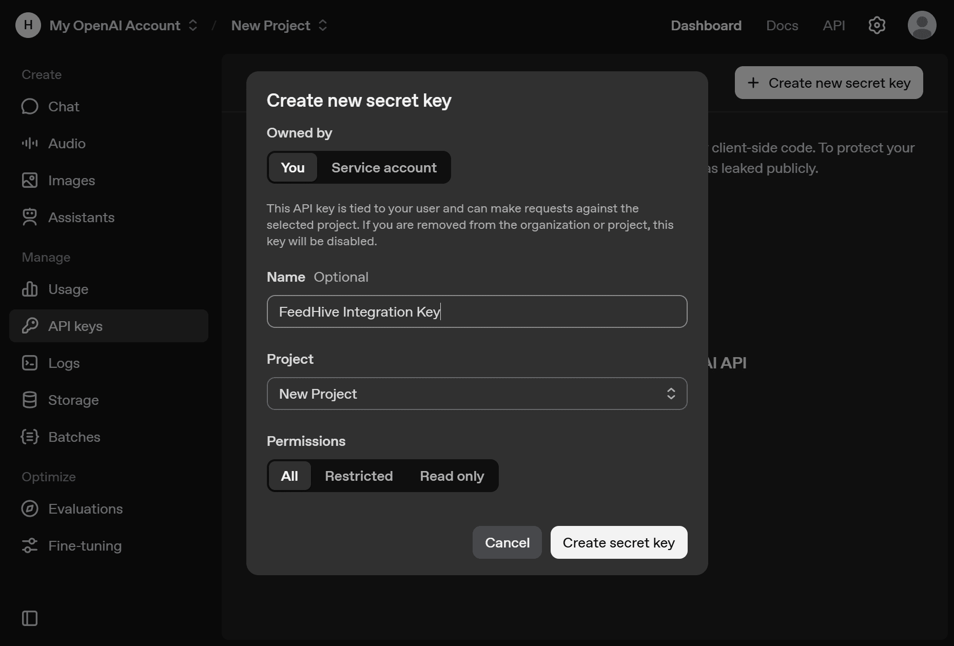 OpenAI Create Secret Key