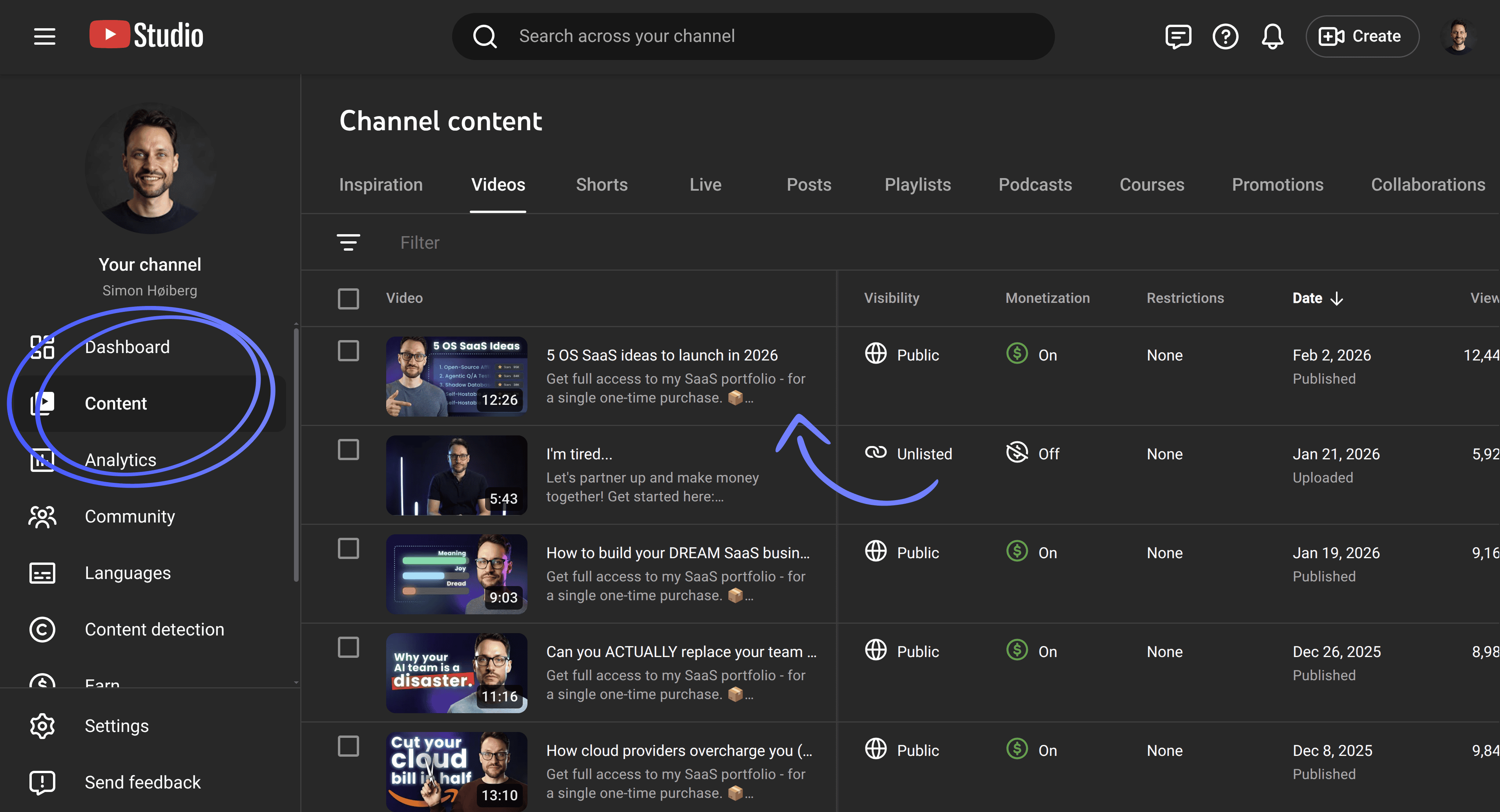 YouTube Studio “Content” page – click a video to edit its details