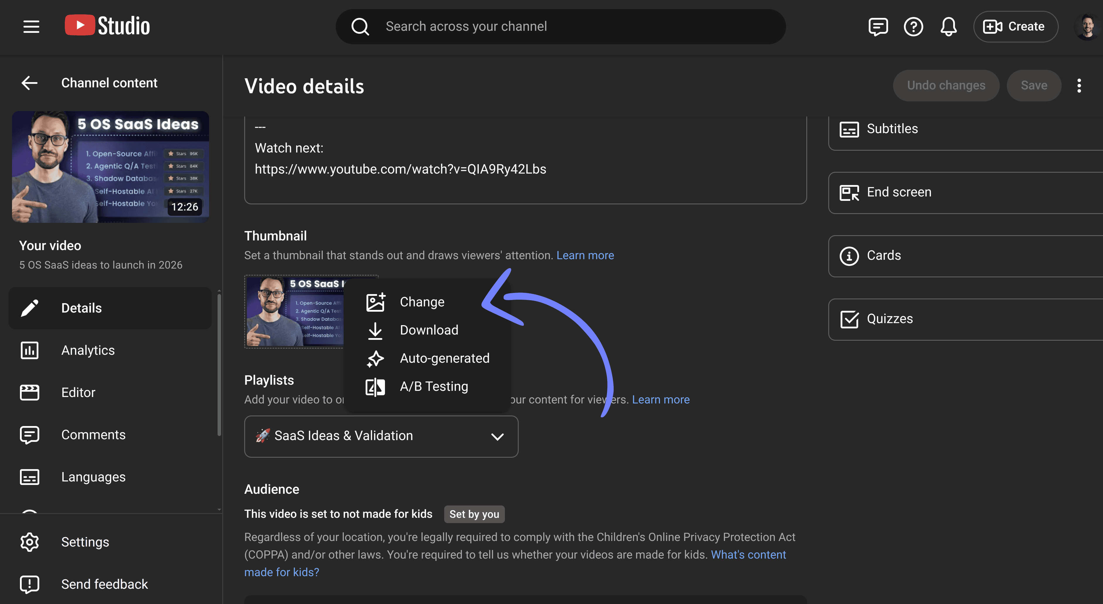 YouTube Studio thumbnail menu showing Auto-generated options and A/B testing
