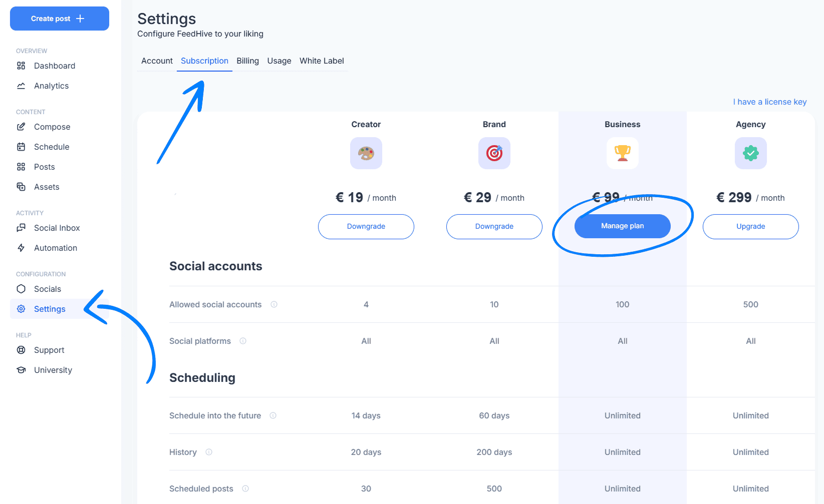 Subscription management page